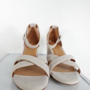 EUC Quince Womens Italian Crisscross Suede Shoes Block Heels Almond Gray Sz 9